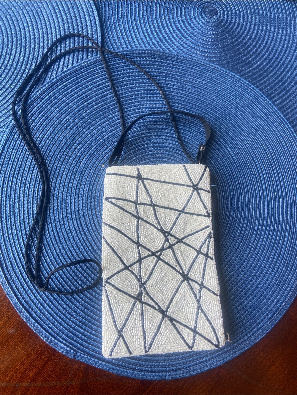 Beaded Crossbody Bag in White with Black Geometric Accents